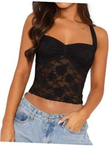 Lace Tops for Women Halter Sexy Going Out Tank Crop Y2K Fashion Small Black - Picture 1 of 7