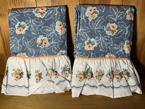 Lady Pepperell VTG Ruffled 2 King Pillowcases Blue Pink Rose Floral Cottage MINT - Picture 1 of 11