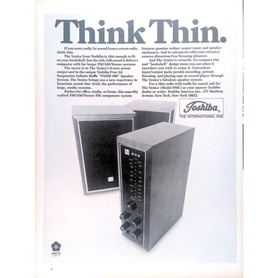 Toshiba FM/AM/Stereo Radio Think Thin 1969 Print Ad 11"X14" - Image 1 of 3