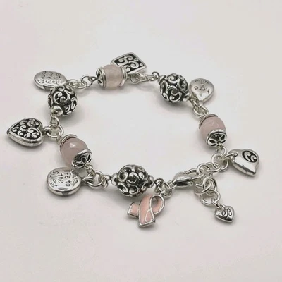"Brazalete Brighton Awareness con dije cinta rosa corazones cuentas de plata 7,5-8""" Foto 1 de 4