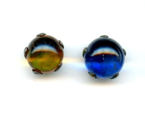 2 SMALL GLASS BALL buttons--SET in METAL CLAWS--1 BLUE--1 AMBER--9/16"--1/2" - Picture 1 of 2