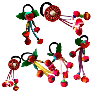 Pom Pom Hair Tie Set Thai Hmong Colorful Elastic Hair Bands Handmade Tribalx6pcs - Picture 1 of 6