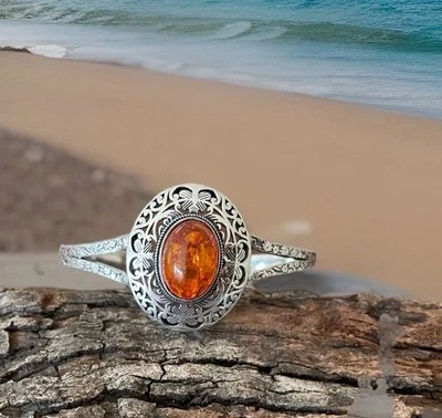 Pulsera/brazalete ajustable ámbar báltico - chapada en plata de ley 925-nuevo Foto 1 de 4