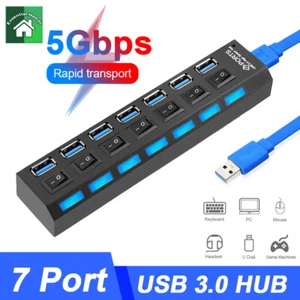 7 Ports USB 3.0 Hub On/Off Switch High Speed Splitter AC Adapter Cable PC Laptop - Picture 1 of 9