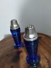VINTAGE BLUE COBALT GLASS SALT & PEPPER SHACKERS 4" - V37