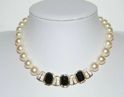 SWAROVSKI SWAN LARGE FAUX GLASS PEARLS & RHINESTONE CENTERPIECE CHOKER NECKLACE - Image 1 of 4