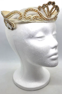 Art Deco Bridal Crown Beaded Seed Pearl Sequin 1950's Wedding Headpiece- VINTAGE - Image 1 of 4