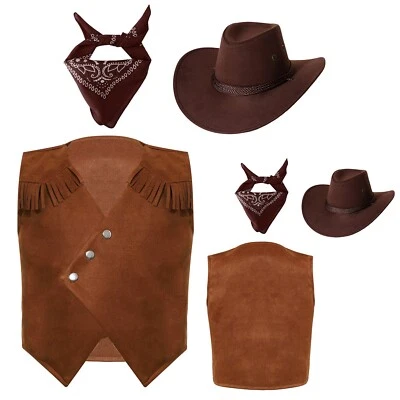 UK Boys Girls Cowboy Costume Vest with Cowboy Hat Bandana Cowgirl 3Pcs Outfit - Image 1 of 4