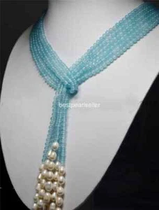 Long Charming 3 Strands 4mm Blue Aquamarine Beads & White Pearl Necklac 50 Inch - Picture 1 of 12