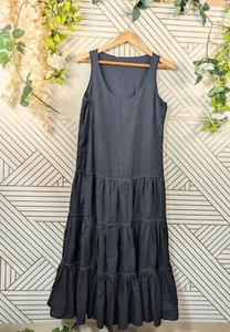 DKNY Women's Pure Linen Maxi Dress Black Flowy Boho Tiered Size Large ? - Picture 1 of 7