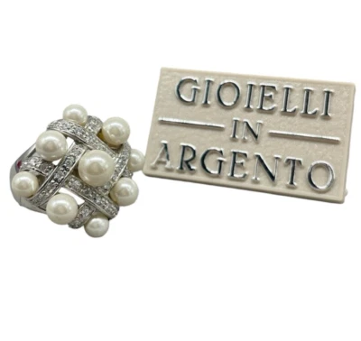 Anello Donna perle bianche tonde lisce zirconi naturali brillanti stile vintage. - Immagine 1 di 4