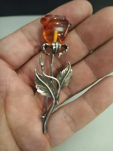 Vintage Carved Amber Colored Rose On Sterling Silver Stem  Brooch - Picture 1 of 4
