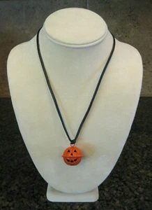 Happy 3D Jack-o-Lantern Pumpkin Halloween Pendant on Leather Strap / Necklace  - Picture 1 of 6
