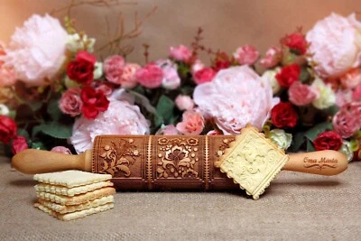 Engraved Wooden Rolling Pin Embossed Dough Roller Springerle Carved Mold Ginger - Image 1 of 4