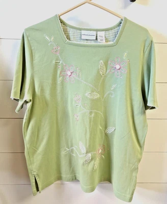 Alfred Dunner Bordado Cuentas Botones Verde Camiseta Flores Talla L Foto 1 de 4