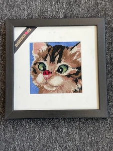 FRAMED COMPLETED CROSS STITCH: CROSS-EYED KITTY: 24 x 24cm(SLIGHT MARKINGS) - Picture 1 of 1