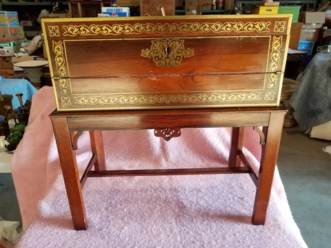 Antique English Lap Desk/Campaign Chest w/Stand - Rosewood with Brass Trim Cover