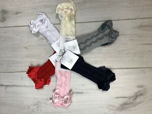 Girls Spanish Knee High Bow Socks, Pink, White, Ivory, Silver Grey, Navy