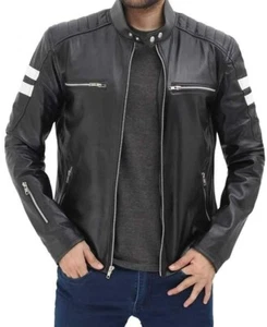 Mens Motorcycle Leather Jacket Black with White Stripes Snap Tab Collar - Picture 1 of 2