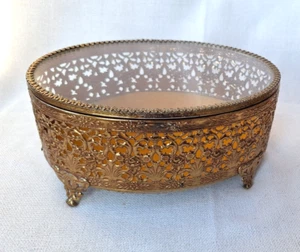 Vtg Footed Gold Filigree Ormolu Trinket Box Large Oval Glass 7" x 5" Regency - Picture 1 of 12