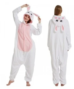 Adult & Teens Pink Bunny Pyjamas Hooded One Piece Animal Cosplay M -New - Picture 1 of 9