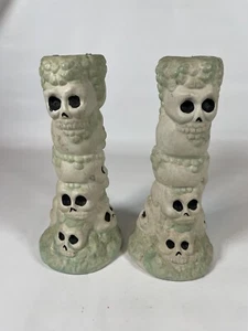 Pair Of Skull Stack Column Ceramic Candle Stick Holder Holders Halloween - Picture 1 of 8