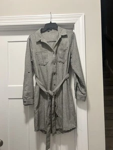 Vestido camisero negro blanco a cuadros pata de gallo manga larga con botones talla grande - Imagen 1 de 7