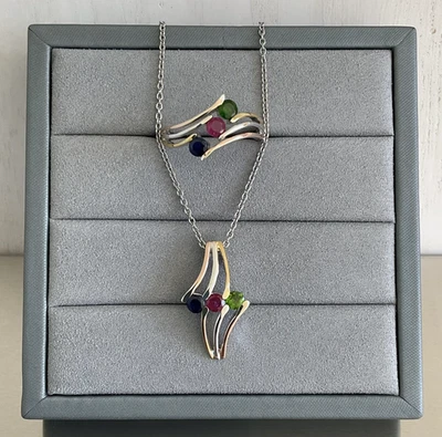 Conjunto de Colar Pingente Anel Multi Pedras Preciosas Prata 925 + Vermeil + Aço Inoxidável Tamanho 10 - Imagem 1 de 4