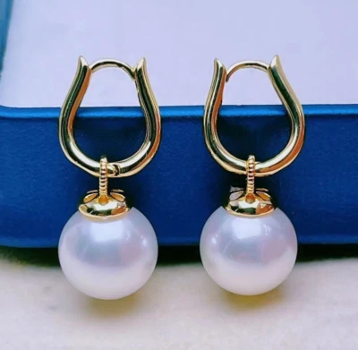 Sea Shell White Pearl 12mm Dangle/Drop Hoop Earrings 18k Gold Plate - Image 1 of 4
