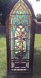 ANTIQUE STAINED / LEADED GLASS ARCHED CHURCH WINDOW Cover
