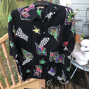 Kay Cor Original Black Boating Sailing Hawaiian Shirt L Floral Mens Vtg 80s USA - Picture 1 of 4