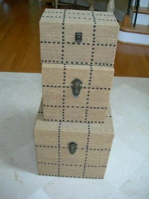 Rustic Burlap Covered Storage Box Nail Head Studs and Decorative Hardware - Image 1 of 4