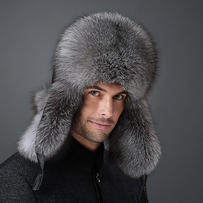 Invierno Para hombres 100% Piel de Mapache Real Plateado Zorro Bombardero Sombrero Ushanka Trapper Gorra de Esquí Foto 1 de 4