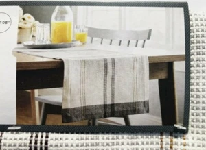 THRESHOLD EXTENDED LENGTH TABLE RUNNER BEIGE GRAY PLAID 100% COTTON 14"X 108" - Picture 1 of 2