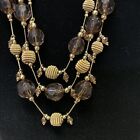 Vtg.Gold Tone Beads/Smokey Glassbeads W/ Amber  Pendants 3 Strand 16?+3?Ext.