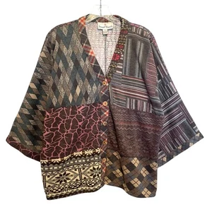 Sacred Threads Patchwork Cardigan Womens Large Button Boho Artsy Mixed Prints - Picture 1 of 7