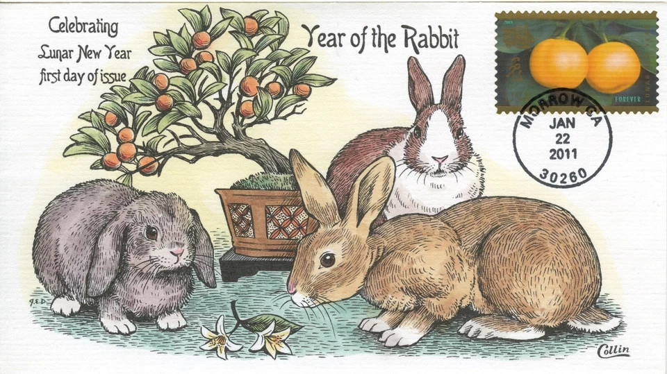 #4492, CHINESE NEW YEAR-RABBIT, COLLINS HAND PAINTED FDC Single 2011 Perfect! - Image 1 of 1