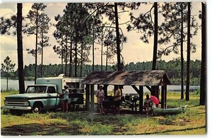Camping at Georgia State Parks, Waycross - Camper on old Chevy, Vintage Postcard - Picture 1 of 2