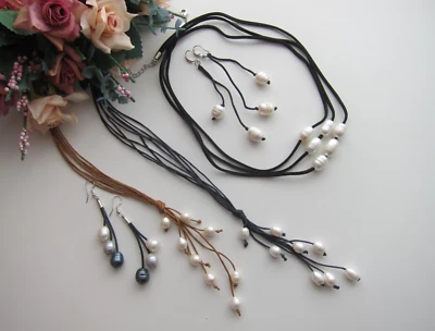 Collar o pendientes grandes blancos \negros barrocos sobre cordón negro. Foto 1 de 4