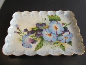 GORGEOUS ANTIQUE LIMOGES ARTIST FERNESTHER DRESSER TRAY BLUE PANSY/ BLACKBERRIES - Picture 1 of 6