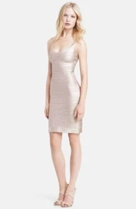 HERVE LEGER Max Azria Rose Gold Foil Bandage Bodycon Mini Cocktail Dress XS 0/2 - Picture 1 of 9