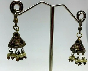 Vintage Antique Look Gold Metal Triangular Seed Pearl Long Drop Earrings 1980' - Picture 1 of 4