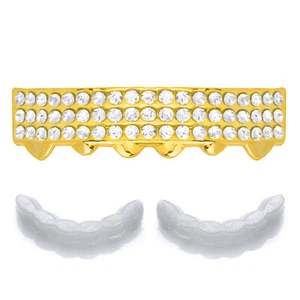 Rapper Full Iced Grillz Gold Plated Bottom Caps Teeth S030 G 1 ext Mold Bar - Picture 1 of 3