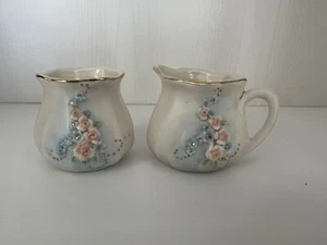 Pink Roses Ivory Creamer~ Sugar Bowl~ Signed M Mickelson Vintage - Picture 1 of 9