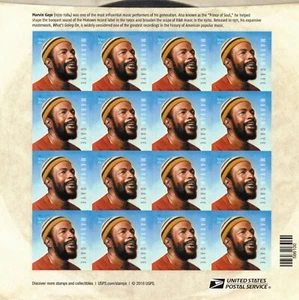 Hoja de 16 estampillas del cantante Marvin Gaye iconos musicales de R&B panel retrato sin montar o nunca montada 2018 - Imagen 1 de 2