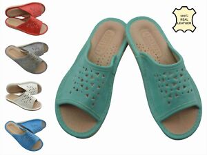 Genuine Leather Womens Slippers Open Toe Slip On Mules Comfy Indoor Sandals