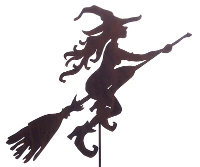 Junge Hexe fliegend Gartenstecker 60 x 43cm + Stab Hexen Rost Edelrost Metall - Bild 1 von 2