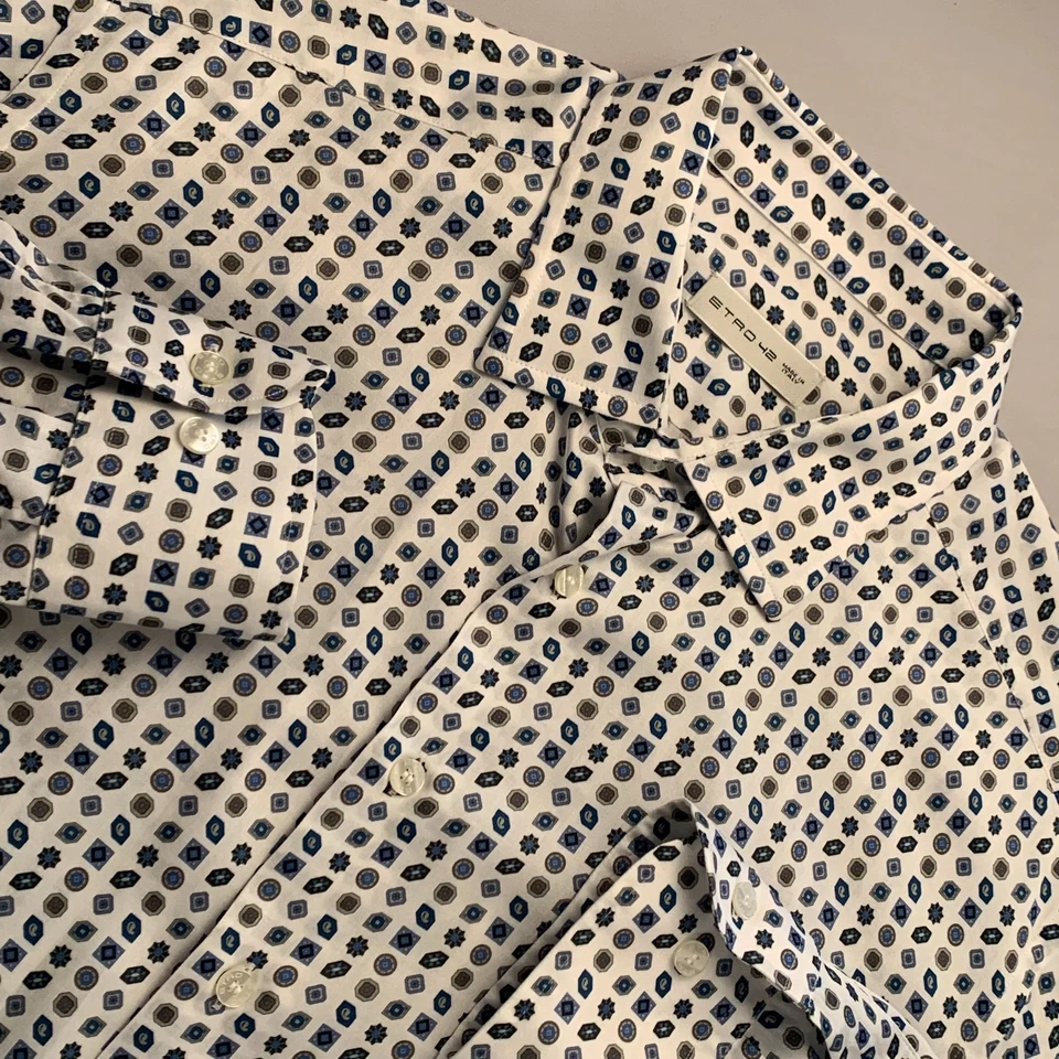 Camisas de vestir ETRO 42 para hombre con botones contemporáneas 100 % algodón blancas geométricas 16" Foto 1 de 4
