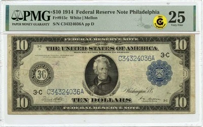 1914 $10 Federal Reserve Note Philadelphia PA PMG VF25 GCC Gold - Image 1 of 2