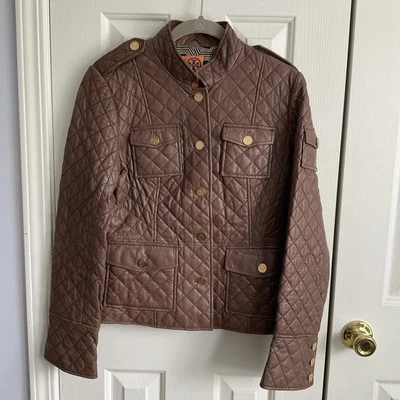 Chaqueta Tory Burch acolchada de cuero marrón talla 10 para mujer botones dorados estilo militar Foto 1 de 4